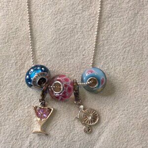 Donatella Necklace, 925 w/3 Glass Murano beads, Martini, (VTG) Hi-Lo Bike charm